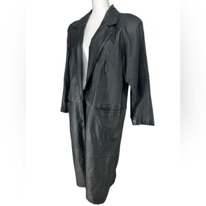OUTBROOK / Black Leather Long Trench Coat / Petite Medium